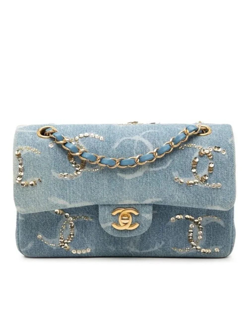 Chanel Quilted CC Logo Blue Gold Denim Sequins